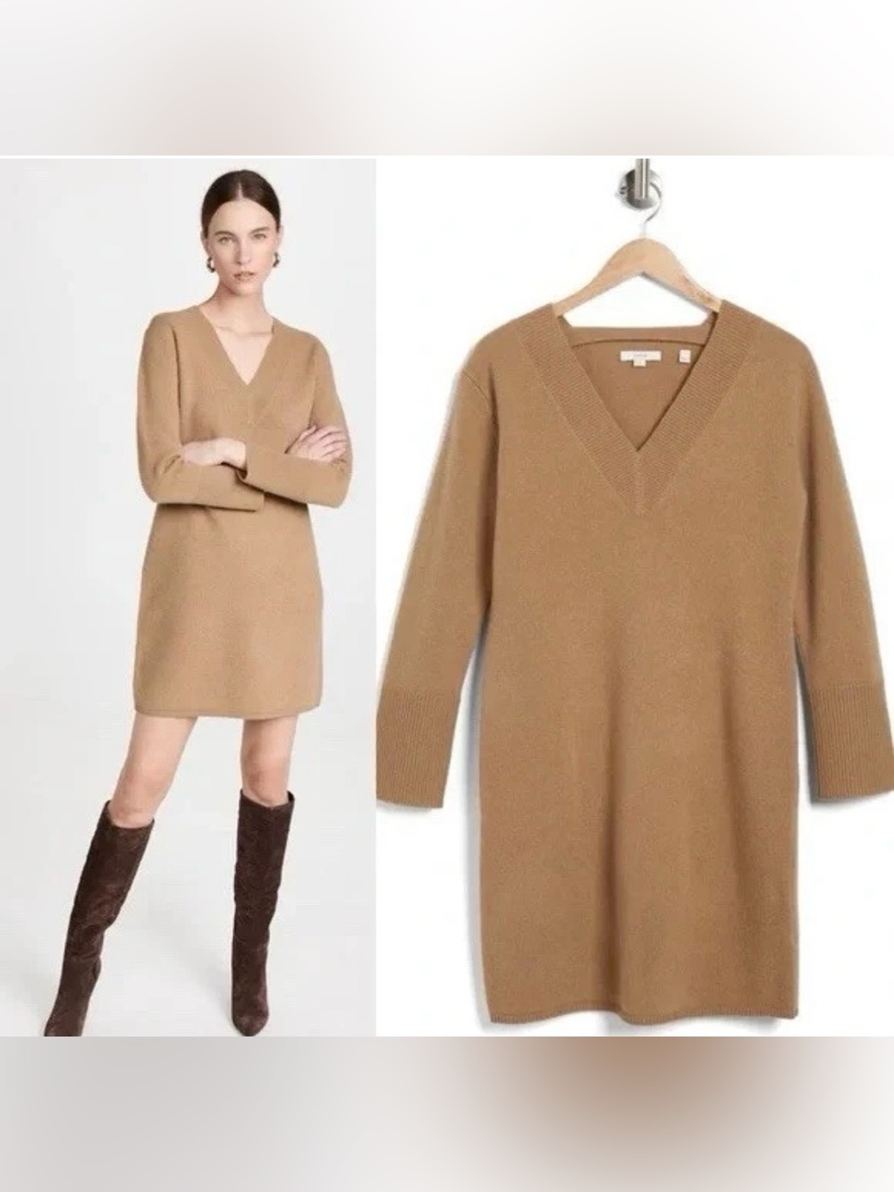 Vince Wool Cashmere Sweater Dress Long Sleeve Women XXS Tan Brown Quiet Luxury